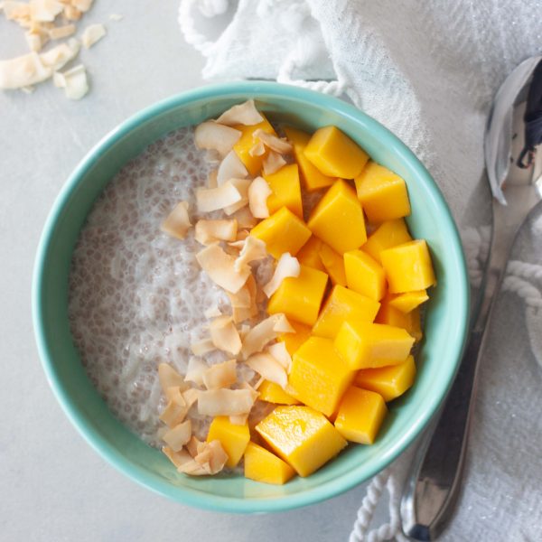 Mango Coconut Chia Rice Pudding with toasted coconut