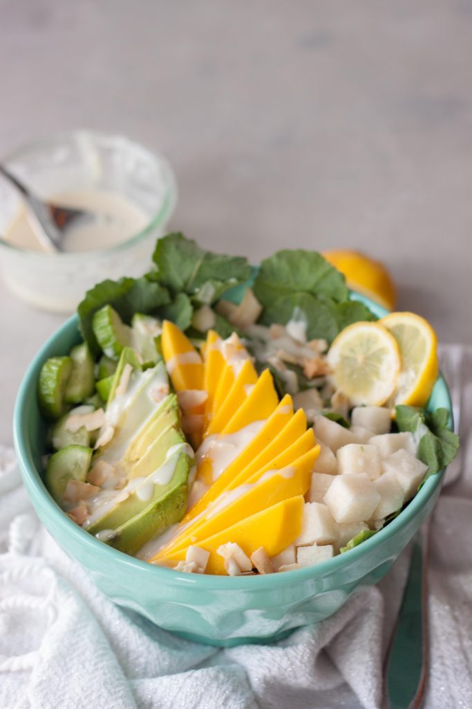 Tropical Mango Avocado Kale Salad in bowl