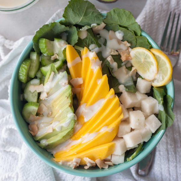 Tropical Mango Avocado Kale Salad in bowl