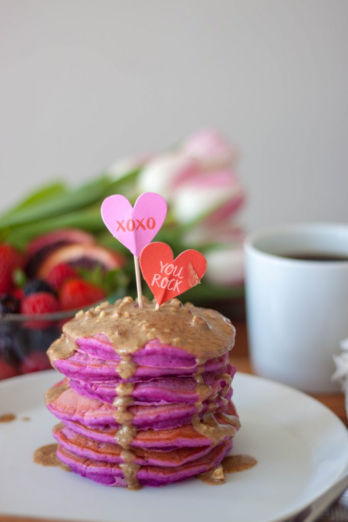 Pretty In Pink Pitaya Pancakes with Maple Caramel Almond Butter