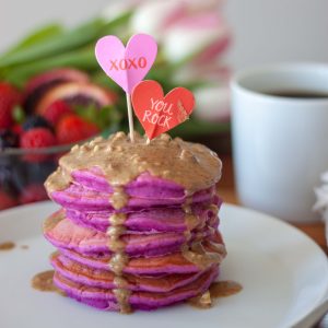 Pretty In Pink Pitaya Pancakes with Maple Caramel Almond Butter