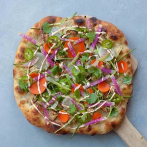 Vegan chicken spicy veggie pizza