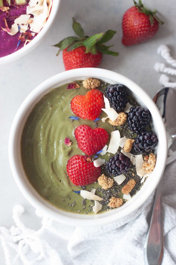 SuperMom Superfood Bowl, green version with matcha, berries, dired edible flowers, and coconut