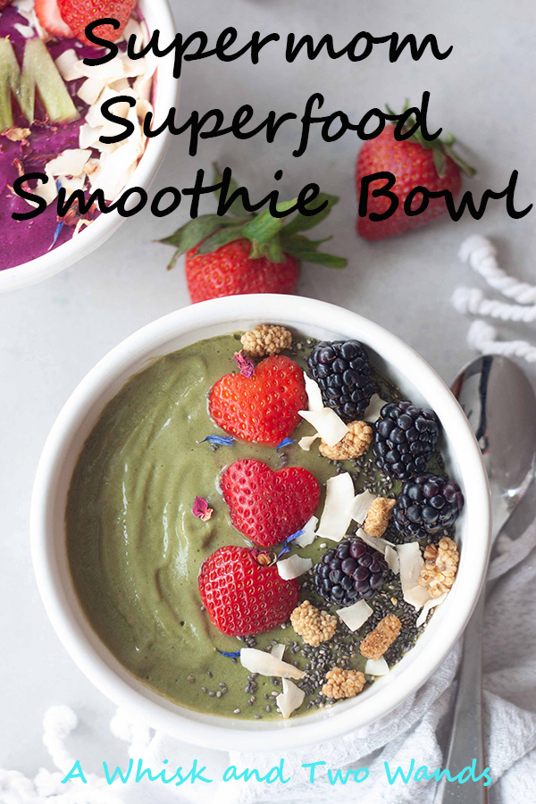 SuperMom Superfood Bowl, green version with matcha, berries, dired edible flowers, and coconut