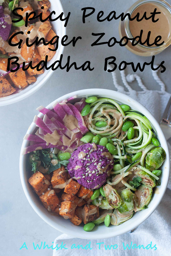 Spicy Peanut Ginger Zoodle Buddha Bowls a flavor, plant-protein, and nutrition packed bowl of zucchini, chipotle roasted sweet potatoes, greens, optional edamame, and more topped with probiotic beet hummus and a peanut ginger sauce. Easy to prep ahead for an easy weeknight dinner or lunch.