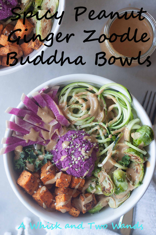 Spicy Peanut Ginger Zoodle Buddha Bowls a flavor, plant-protein, and nutrition packed bowl of zucchini, chipotle roasted sweet potatoes, greens, optional edamame, and more topped with probiotic beet hummus and a peanut ginger sauce. Easy to prep ahead for an easy weeknight dinner or lunch.