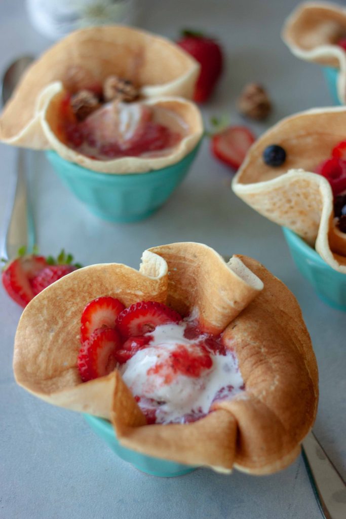 Berry OddParents Pancake Sundae Bowls with homemade strawberry sauce