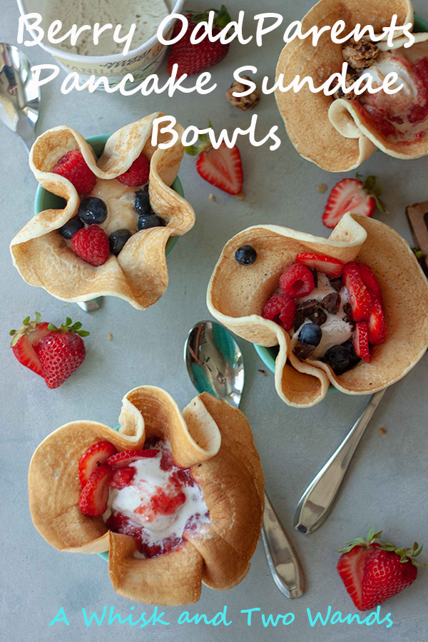 Fun and delicious Berry OddParents Pancake Sundae Bowls are pancake bowls filled with ice cream, berries, and toppings of choice. For breakfast or dessert they hit the spot! Vegan and gluten free friendly.