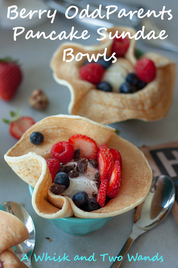 Fun and delicious Berry OddParents Pancake Sundae Bowls are pancake bowls filled with ice cream, berries, and toppings of choice. For breakfast or dessert they hit the spot! Vegan and gluten free friendly.