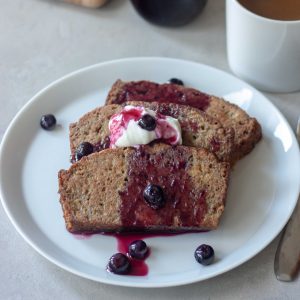 Zucchini Bread French Toast with Blueberry Maple Syrup and coconut yogurt