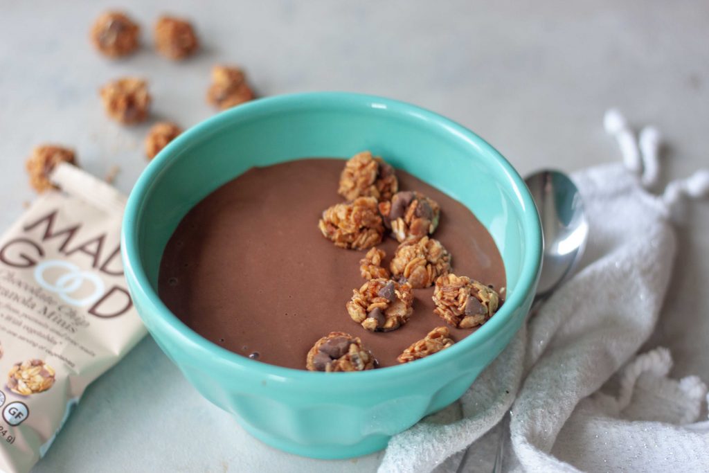 Healthy chocolate smoothie bowl with granola minis