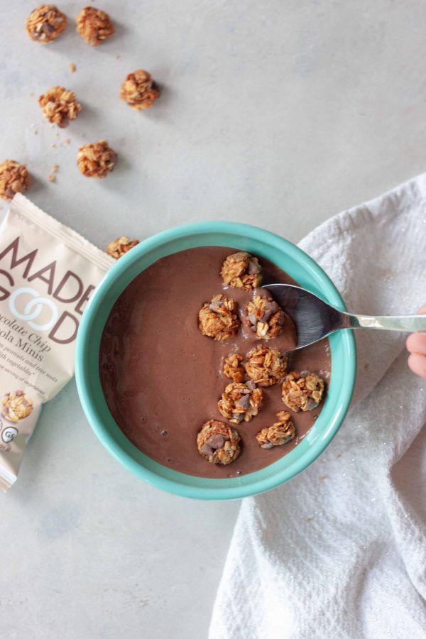 Healthy chocolate smoothie bowl with granola minis