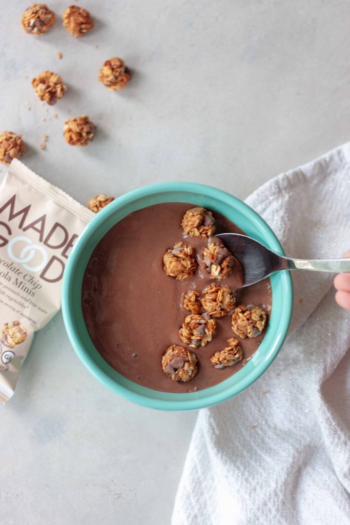 Healthy chocolate smoothie bowl with granola minis