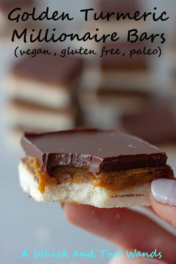 Delicious Golden Turmeric Millionaire Bars are quick and easy to make, no bake, gluten free, paleo, and vegan they're party perfect! Unless you stash these golden bars to enjoy yourself. Nobody will know they're healthy.