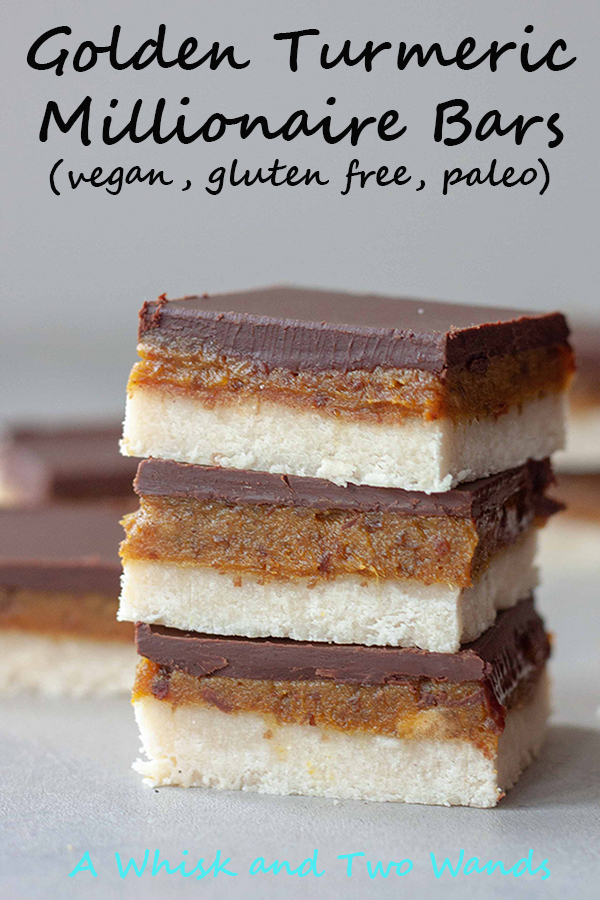 Delicious Golden Turmeric Millionaire Bars are quick and easy to make, no bake, gluten free, paleo, and vegan they're party perfect! Unless you stash these golden bars to enjoy yourself. Nobody will know they're healthy.