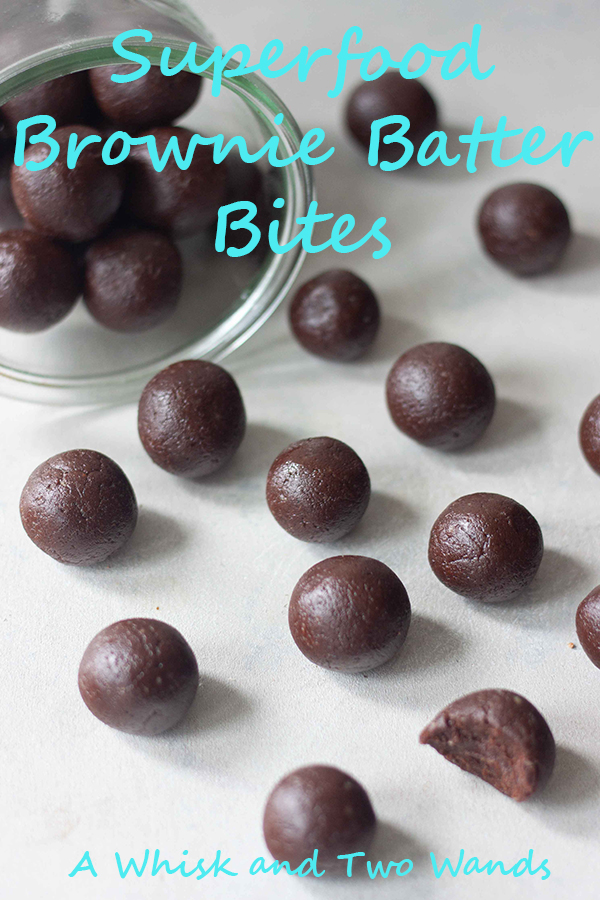 Delicious easy to make Superfood Brownie Batter Bites are healthy and packed with superfoods, protein, probiotics, vitamins, and more! Made with only 5 ingredients they are gluten free, vegan, paleo friendly bites that satisfy your chocolate cravings and give you a little natural boost of energy.