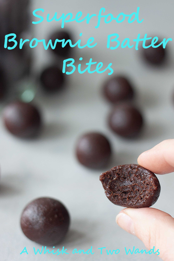 Delicious easy to make Superfood Brownie Batter Bites are healthy and packed with superfoods, protein, probiotics, vitamins, and more! Made with only 5 ingredients they are gluten free, vegan, paleo friendly bites that satisfy your chocolate cravings and give you a little natural boost of energy.