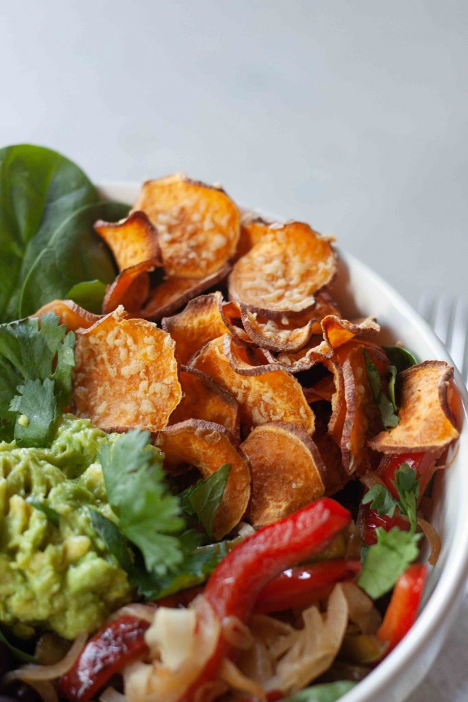 Close up of Vegan Cheesy Sweet Potato Nachos