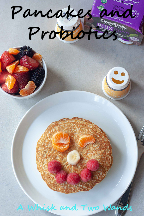 Pancakes and Probiotics make us happy! Simple and delicious Oatmeal Pancakes to start your day right. Oats are a good for your gut food and have many other healthy benefits. Since pancakes, and probiotics, make us happy we added a smile on top with fresh fruit and paried with a GoodBelly probiotics. Gluten free, dairy free