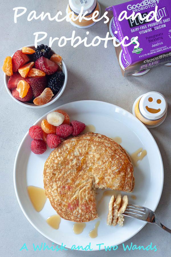 Pancakes and Probiotics, Simple and delicious Oatmeal Pancakes to start your day right. Oats are a good for your gut food and have many other healthy benefits. Since pancakes, and probiotics, make us happy we added a smile on top with fresh fruit and paried with a GoodBelly probiotics. Gluten free, dairy free