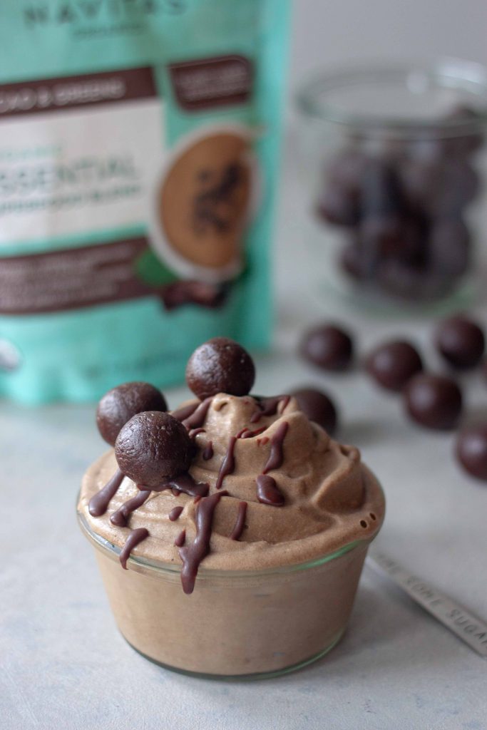 Superfood Cacao Brownie Nice Cream topped with Brownie Batter Bites