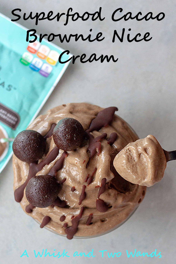 Superfood Cacao Brownie Nice Cream that is not only healthy but is packed with nutrition to help fuel you! A twist on nice cream adding in creamy coconut milk, cacao, Navitas Cacao & Greens, and topped (blended in too if desired) with Superfood Brownie Batter Bites! A way to turn one of my favorite snacks into a healthy indulgent tasting treat! Plantbased, dairy free, gluten free, vegan.