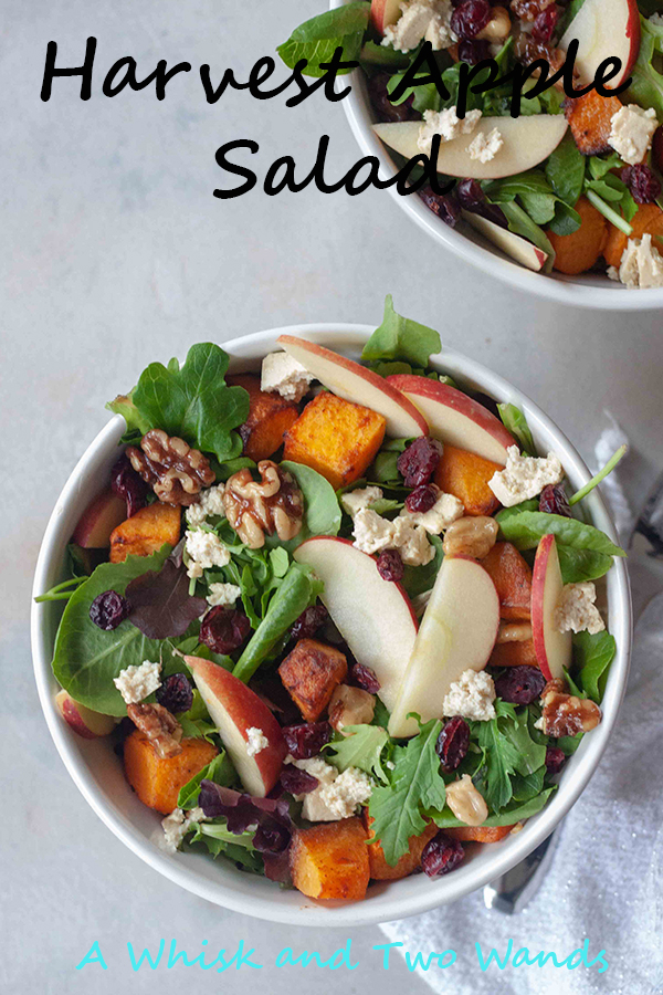 Harvest Apple Salad is a flavor packed main dish salad that will make anyone fall in love with salad. Also great as a side salad or for fall gatherings like Thanksgiving. Mix of arugula and mixed greens, warm cinnamon spice roasted butternut squash, crisp apples, dried cranberries and or figs, Candied Maple Walnuts, homemade tofu feta (or regular if you can eat dairy), and finished with apple cider dressing. Vegan and gluten free friendly.