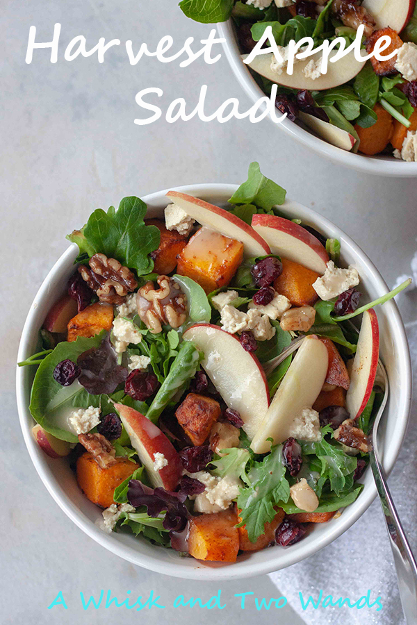 Harvest Apple Salad is a flavor packed main dish salad that will make anyone fall in love with salad. Also great as a side salad or for fall gatherings like Thanksgiving. Mix of arugula and mixed greens, warm cinnamon spice roasted butternut squash, crisp apples, dried cranberries and or figs, Candied Maple Walnuts, homemade tofu feta (or regular if you can eat dairy), and finished with apple cider dressing. Vegan and gluten free friendly.