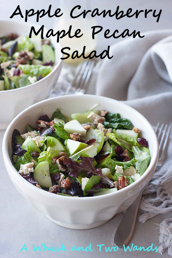 Simple delicious Apple Cranberry Maple Pecan Salad is packed with romaine, spring mix, English cucumber, tart crisp Granny Smith apples and dried cranberries, sweet Candied Maple Pecans, and crumbled blue cheese or feta (dairy free/vegan recipe). Finished with a simple Honey Lime Dressing. Great for a simple dinner or to add to your next holiday spread.