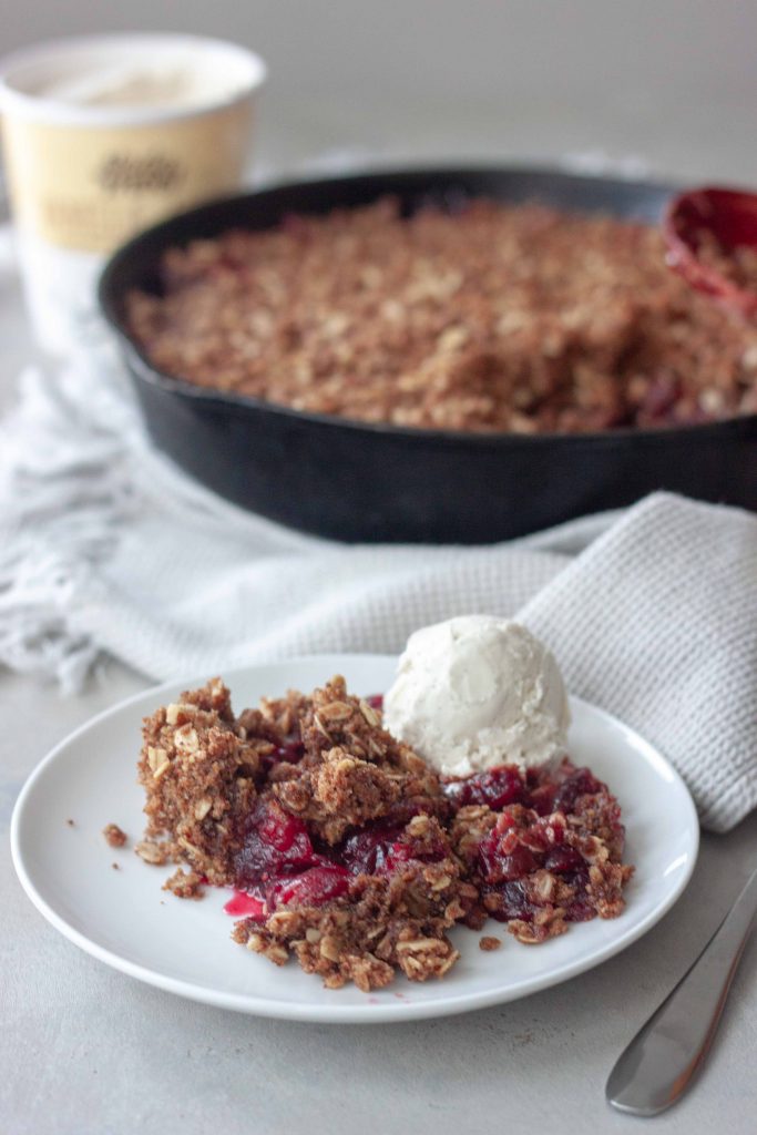 Cast Iron Cranberry Crisp with dairy free ice cream