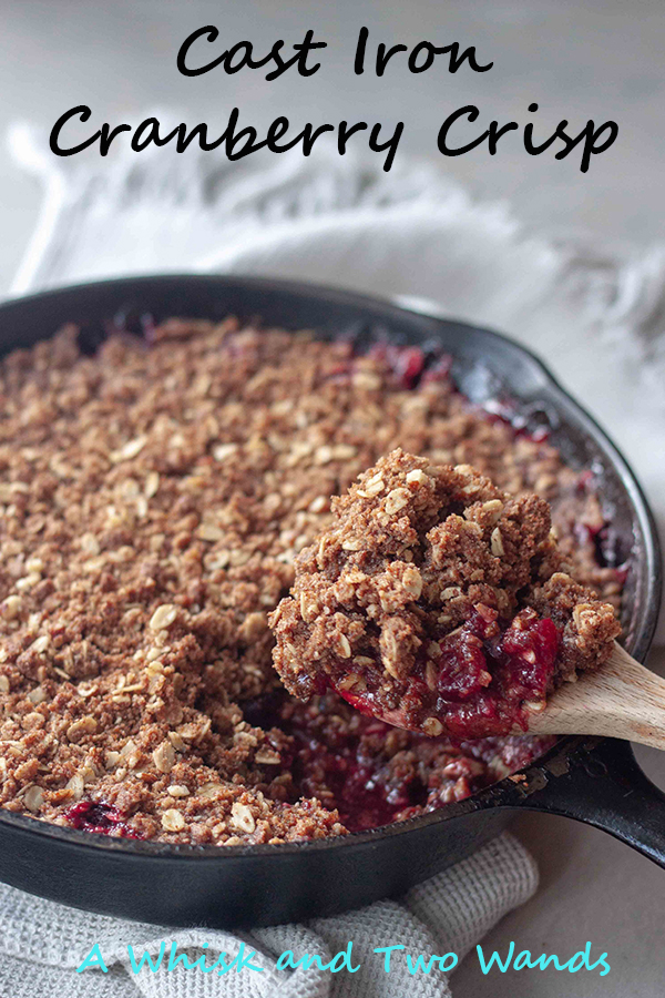 Simple and delicious Cast Iron Cranberry Crisp is the perfect combination of slightly sweetened tart cranberries and crumble topping perfect that will brighten the season. Great for Thanksgiving or Christmas it's easy to make with minimal clean up. Gluten free and vegan friendly.