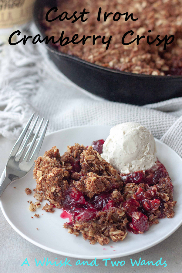 Simple and delicious Cast Iron Cranberry Crisp is the perfect combination of slightly sweetened tart cranberries and crumble topping perfect that will brighten the season. Great for Thanksgiving or Christmas it's easy to make with minimal clean up. Gluten free and vegan friendly.