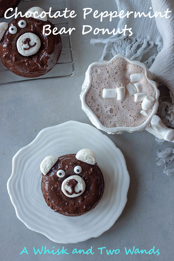 Simple delicious Chocolate Peppermint Bear Donuts are gluten free and vegan friendly chocolate cake donuts topped with chocolate mint icing and marshmallow to look like bears that kids will love.