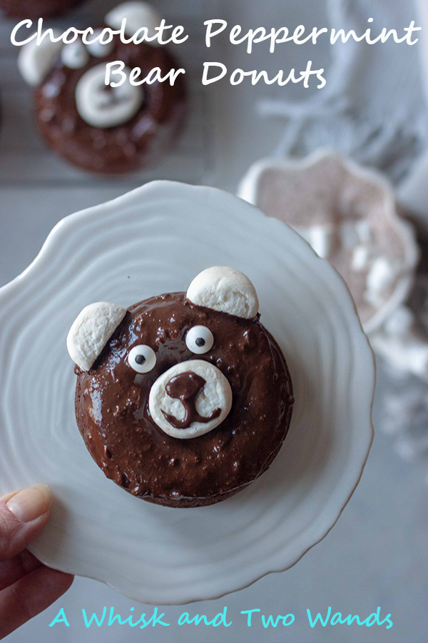 Simple delicious Chocolate Peppermint Bear Donuts are gluten free and vegan friendly chocolate cake donuts topped with chocolate mint icing and marshmallow to look like bears that kids will love.