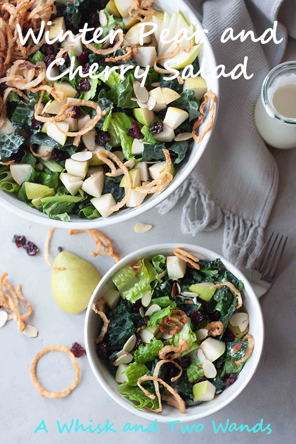 Delicious Winter Pear and Cherry Salad is a blend of romaine and kale topped with juicy ripe pears, tart dried cherries, sliced almonds, and crispy onions. Dressed or served with blue cheese dressing (dairy free/vegan options). Makes a delicious main course or side salad perfect for a weeknight meal or entertaining.