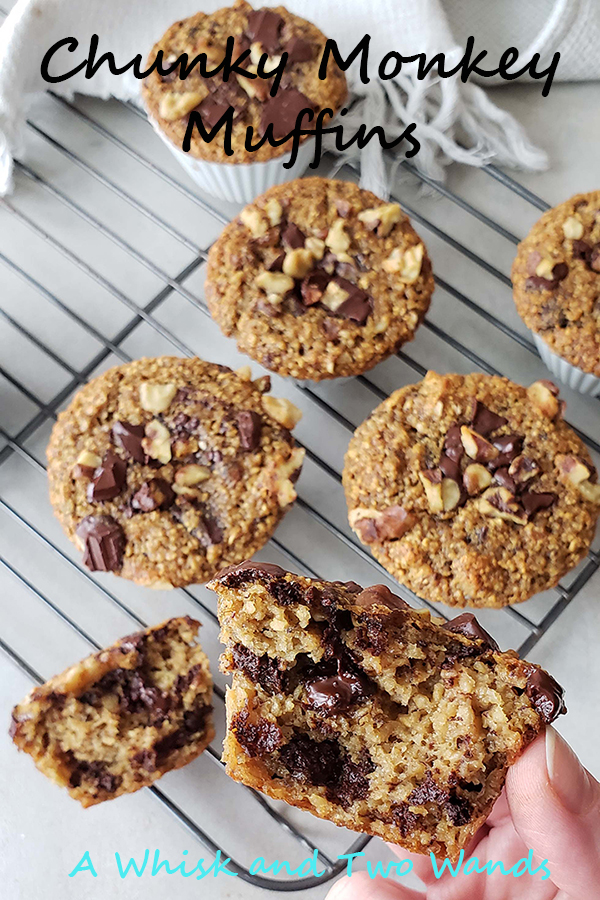 Gluten free and dairy free Chunky Monkey Muffins are delicious banana bread muffins packed with lots of chocolate and walnuts. Easy to make they're a simply healthy breakfast or snack!