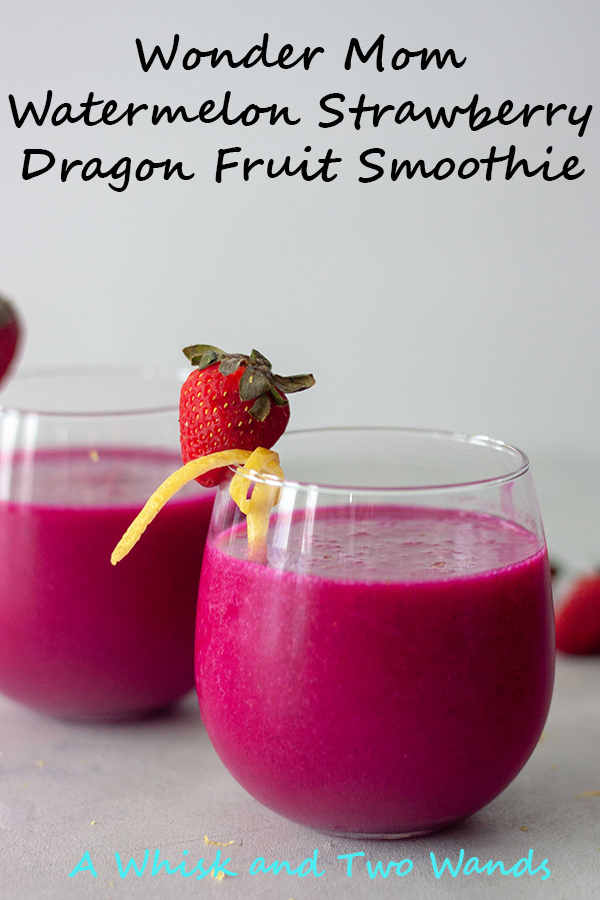 Wonder Mom Watermelon Strawberry Dragon Fruit Smoothie might sound like a mouthful but it's a simple combination of hydrating watermelon water, sweet strawberries, lemon, and pitaya. For a nutritional boost pick one or a couple of the optional add ins to fit your needs.