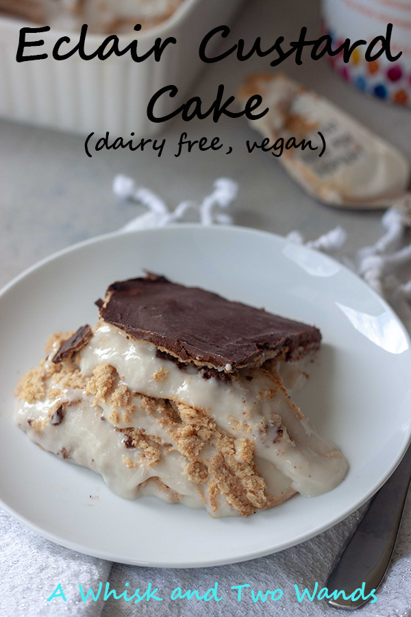 Éclair Custard Cake is a dairy-free, vegan, version of a family favorite dessert! Perfect for summer picnics and potlucks! Made with simple ingredients this no-bake dessert is sure to be a hit!