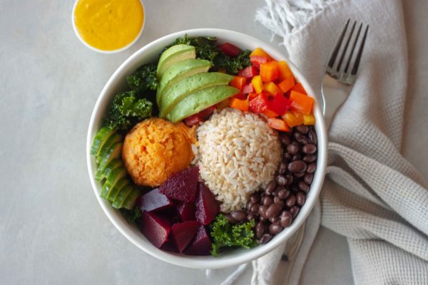 Mama's Macro Bowl with Turmeric Tahini Drizzle on the side