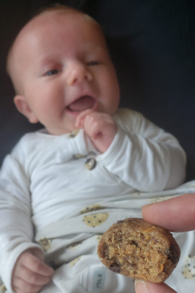 Milk Monster Cookie Dough Bites and baby