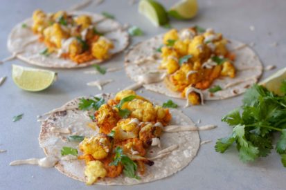 Curried Cauliflower Tahini Tacos are just what you need if you're craving curry on Taco Tuesday! Or if you just want a quick, easy, and delicious way to enjoy some veggies. Vegan and gluten free friendly this is also a great option for Meatless Monday night.