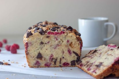 Dark Chocolate Raspberry Scone Loaf with cup of coffee