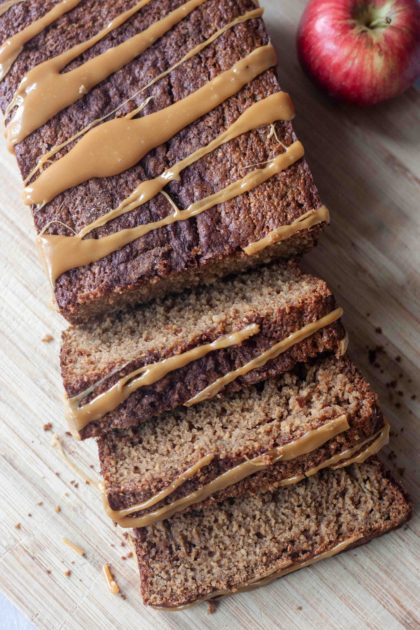 Apple Bread loaf, sliced, with caramel drizzle