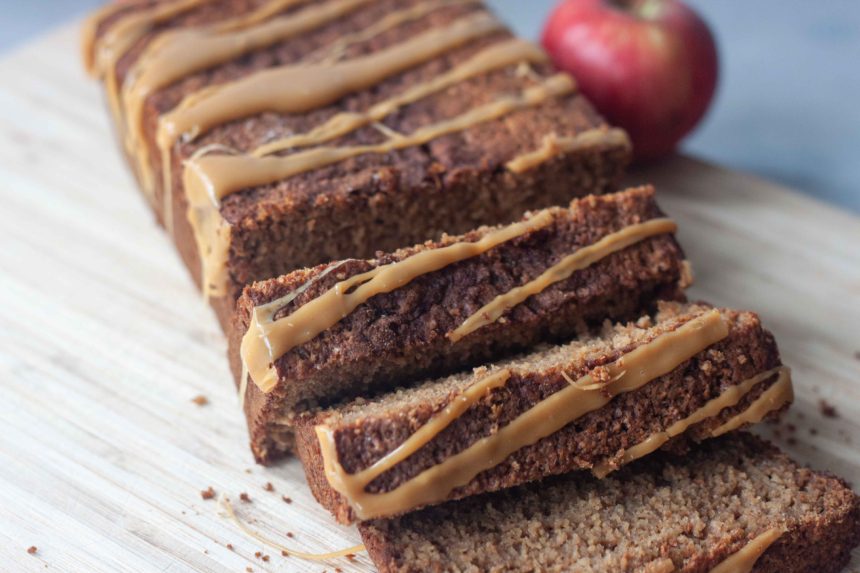 Apple Bread loaf, sliced, with caramel drizzle