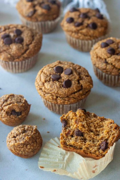 Sweet Potato Chocolate Chip Muffins and inside muffin