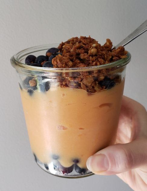 Sweet Potato Papaya Smoothie with WholeMe Grain Free Granola and blueberries