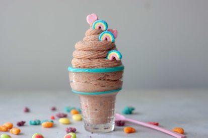 Glass ice cream cone with Trix Nice Cream with Lucky Charm Marshmallows