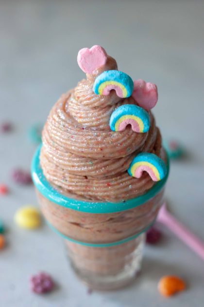 Glass ice cream cone with Trix Nice Cream with Lucky Charm Marshmallows