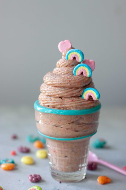 Glass ice cream cone with Trix Nice Cream with Lucky Charm Marshmallows