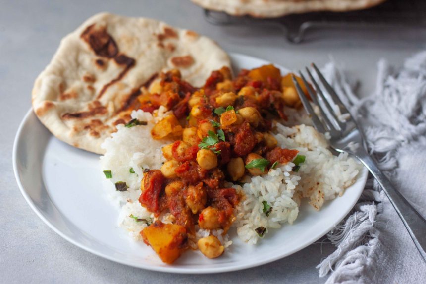 Chana Masala with Pumpkin and Crispy Coconut Rice and homemade Naan Bread